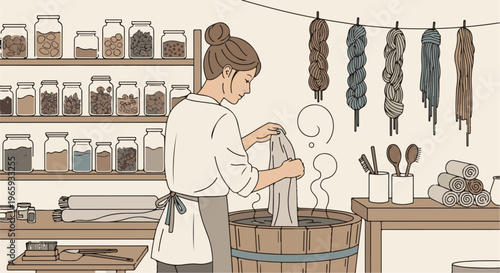 Person dyeing fabric in wooden vat, surrounded by jars of natural materials