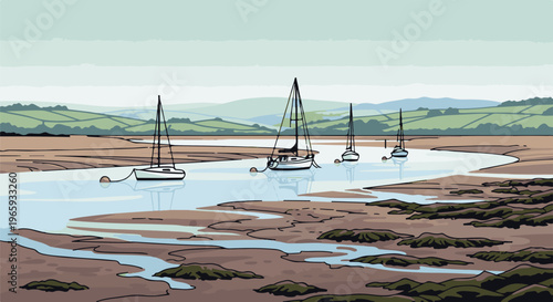 Serene pixel art scene of sailboats anchored in a calm bay during low tide