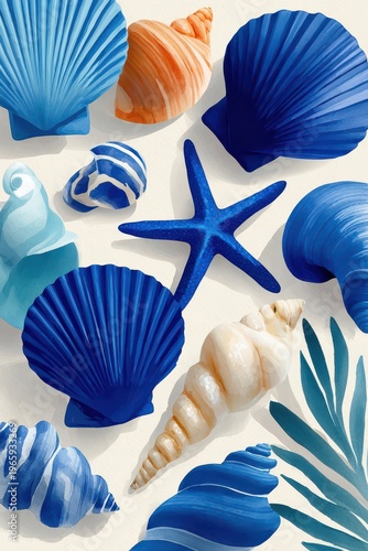 Hand-drawn blue seashells and starfish pattern illustration for beach and nautical design