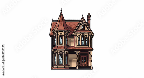 A pixelated, ornate Victorian house with a tall turret and red roof