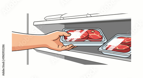 Hand places packaged raw steaks inside a refrigerator compartment