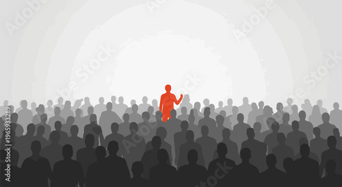A single bright red figure stands out from a crowd of silhouetted people