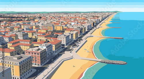 Pixelated coastal cityscape with buildings lining a sandy beach and blue ocean