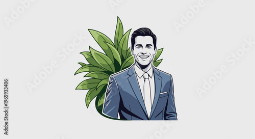 Cheerful man in a suit and tie, smiling beside lush green foliage