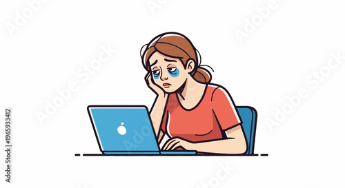 Exhausted woman with dark circles under eyes, leaning on hand, staring at a laptop