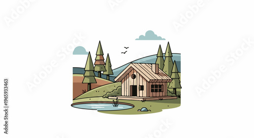 Rustic wooden cabin by a pond surrounded by trees and rolling hills under clouds