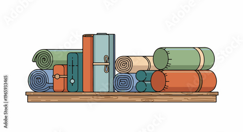 Rolled sleeping bags and mats in various colors neatly stacked on a wooden shelf