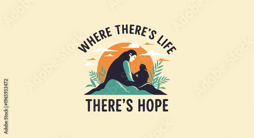 Mother gorilla holds infant against sunset mountain backdrop with foliage