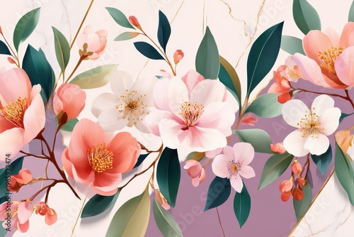 Floral background with pink blossoms, gold lines and green leaves - elegant pastel botanical illustration