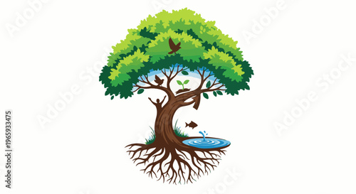 Stylized tree with human, bird, plant, fish, and water elements