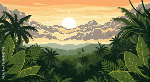 Vibrant pixel art jungle scene with a radiant sunset over layered green hills and palm trees