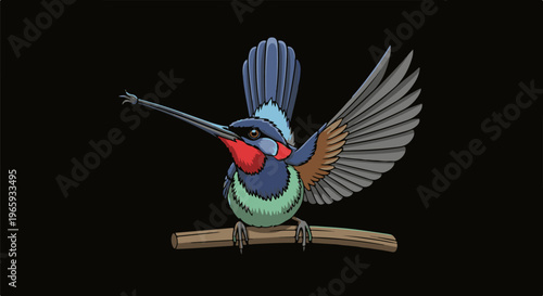 A pixelated bird with a long beak and spread wings perches on a branch against a black background