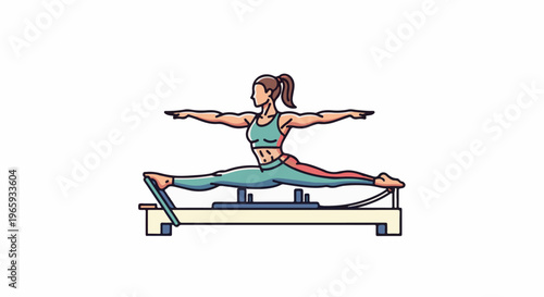 Fit woman in teal athletic wear performs a deep leg split on a Pilates reformer
