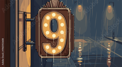 A glowing number nine sign drips in the rainy night, reflecting in puddles under streetlights