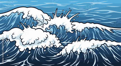 Dynamic ocean waves crashing with white foam and deep blue water under a light blue sky