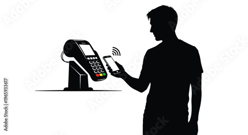 Silhouette of a man making a contactless payment with a smartphone at a point of sale terminal, mobile payment concept, digital wallet technology