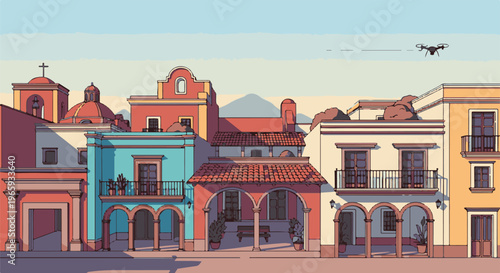 Pixel art scene of a charming town square with colorful buildings and a drone