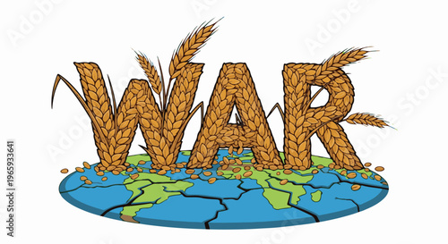 Wheat-formed word WAR cracks the planet, grain spills