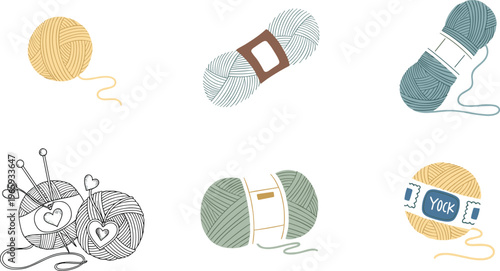 Yarn Ball and Knitting Accessories Collection Featuring Multicolored Balls and Spools with Needles, Ideal for Craft, Knitting, and DIY Designs