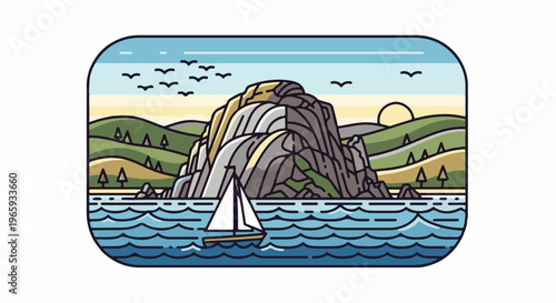 A lone sailboat glides on blue waters near a rocky island, with hills and birds under a pale sky