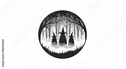 Three silhouetted figures in pointed hats stand in a misty forest
