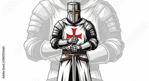 A knight in gleaming armor, a red cross emblazoned on his tunic, stands ready