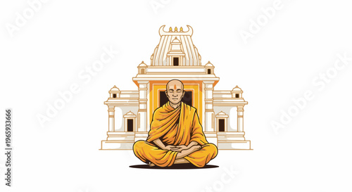 Monk meditating in front of a white building with ornate architecture