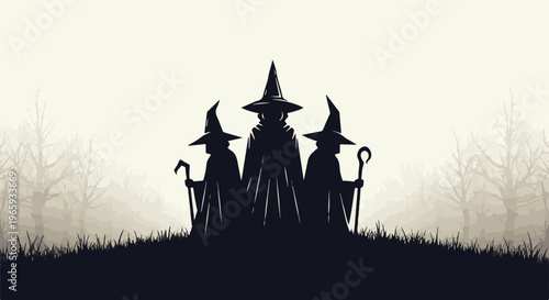 Three dark robed figures with pointed hats stand on a hill in a misty forest