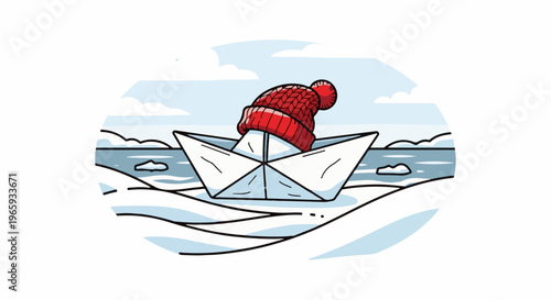 A charming paper boat with a red beanie navigates icy waters