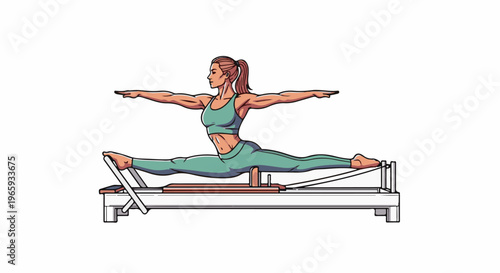 Woman performing a full split exercise on a reformer machine