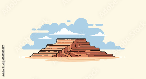 Stylized desert mesa with layered strata and fluffy clouds against a pale sky