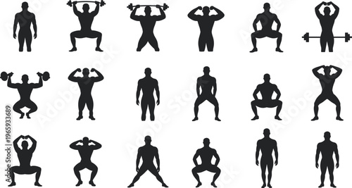 Fitness workout silhouettes collection, muscular men exercise poses set, gym training vector icons, bodybuilding strength activities, athlete figure illustration bundle