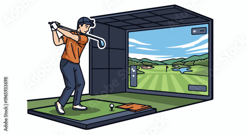 Person swinging a golf club indoors, practicing on a simulated course