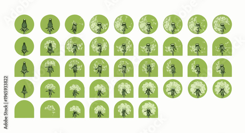 A pattern of dandelion seed heads in various stages of bloom, set against green backgrounds