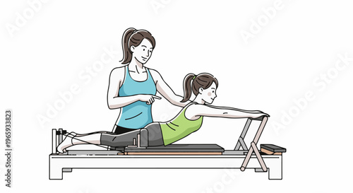 Woman coaching another woman doing a back extension on a pilates reformer