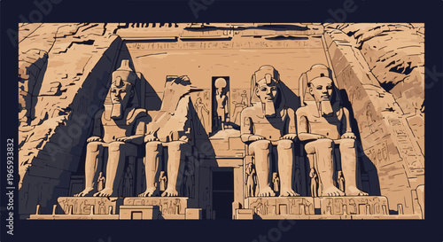 Monumental stone statues and hieroglyphs carved into a cliff face