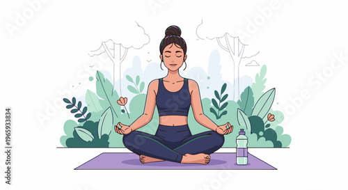 A woman in sportswear meditates cross-legged outdoors amidst lush greenery and trees