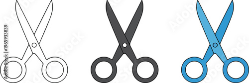 Minimalist scissors vector icons set featuring open blades in outline silhouette and blue color flat designs isolated on white background 