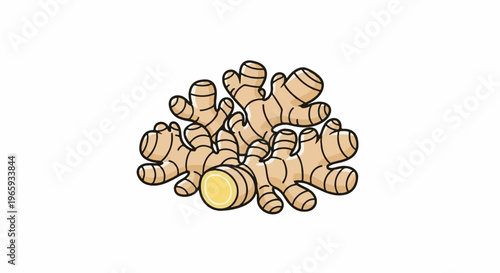 A pile of stylized ginger roots, one cut in half revealing a yellow interior