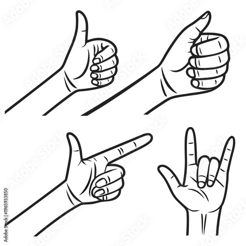 Set of hand gestures including thumbs up, pointing finger, and rock and roll sign, showing approval, direction, and enthusiasm