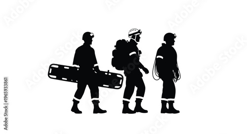 Silhouette of a rescue team consisting of three rescuers carrying a stretcher, a backpack, and climbing ropes