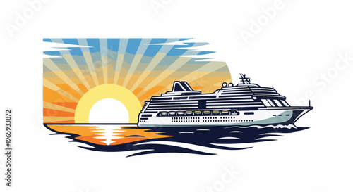 A large, white cruise ship sails on dark blue water under a bright, stylized sunset with orange and yellow rays