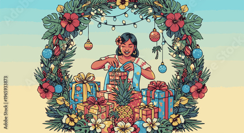 Woman unwrapping gifts surrounded by tropical flora and festive ornaments