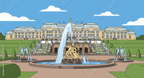 A majestic palace complex with grand fountains and manicured gardens under a blue sky with clouds
