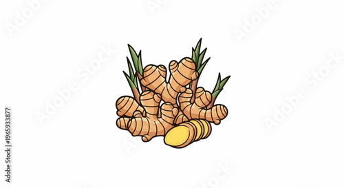 A cluster of cartoon-style ginger roots with green shoots and a few slices