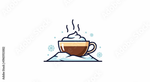 A steaming cup of coffee with whipped cream rests on snow, surrounded by snowflakes