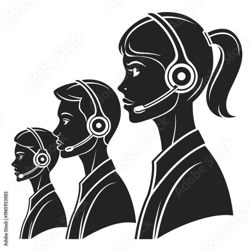 Call center operators silhouette set with female and male profiles wearing professional headsets for customer support service and telemarketing work