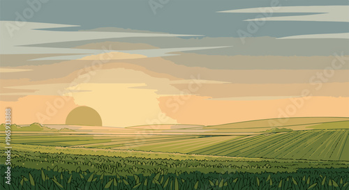 A pixelated sunrise over rolling green fields