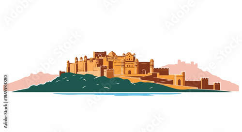 A stylized, flat-design depiction of a grand, ancient fort atop a verdant hill by the water