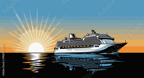 A large cruise ship sails on the calm sea at sunset, with a radiant sun